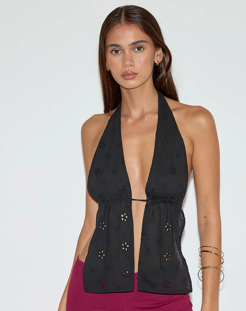 Ryoma Halterneck Top in Flower Broderie Black
