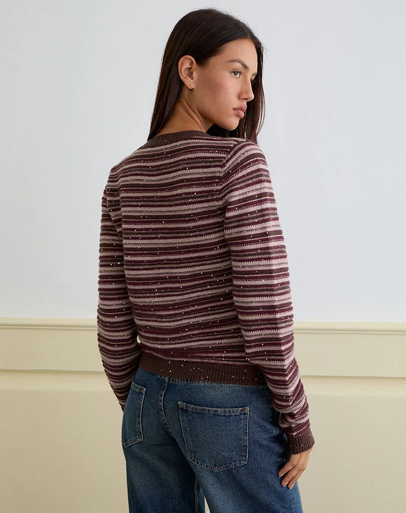 Haut à manches longues Aniha en tricot pailleté rayé violet