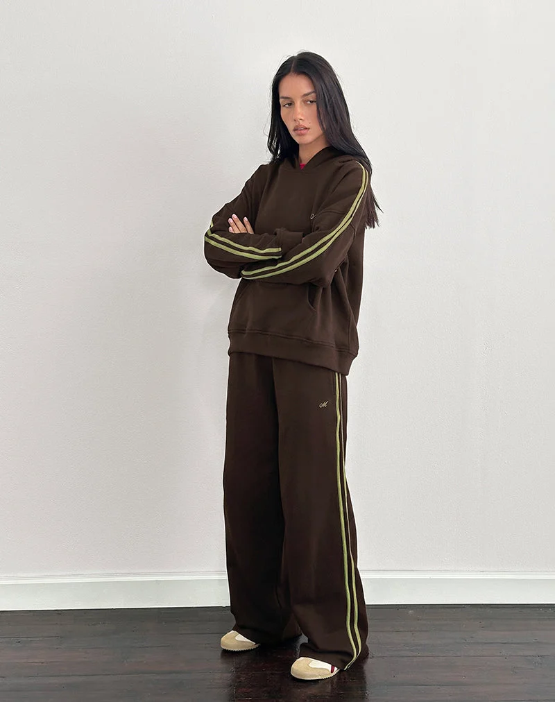 Pantalon de survêtement Oze en chocolat amer avec reliure verte et broderie M