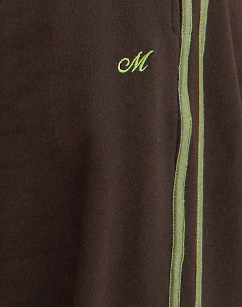 Pantalon de survêtement Oze en chocolat amer avec reliure verte et broderie M