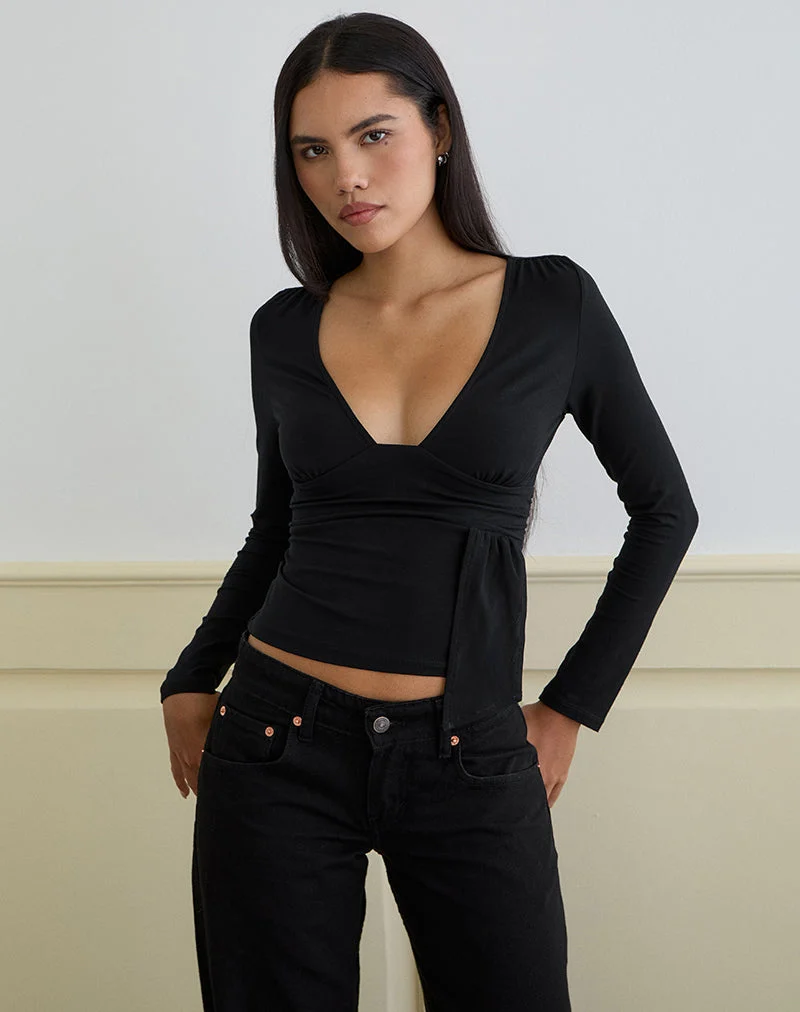 Levard Long Sleeve Top with Drape in Jersey Black (Top à manches longues et drapé en jersey)