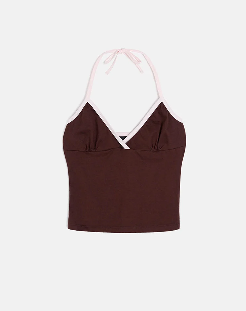 Top dos nu Elspe en chocolat amer avec bordure rose clair