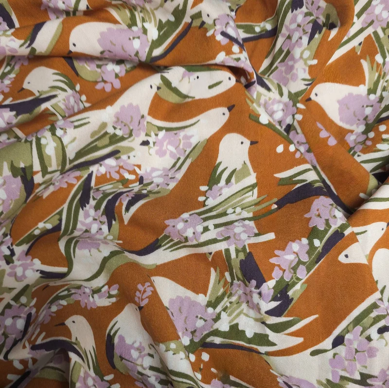 Tissu viscose imprimé oiseaux | Marron et vert | 144 cm | Fin de rouleau