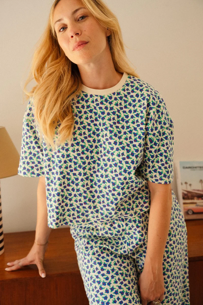 Pyjama Long Gaufré Coton BIO - Mini Fleurs Bleu