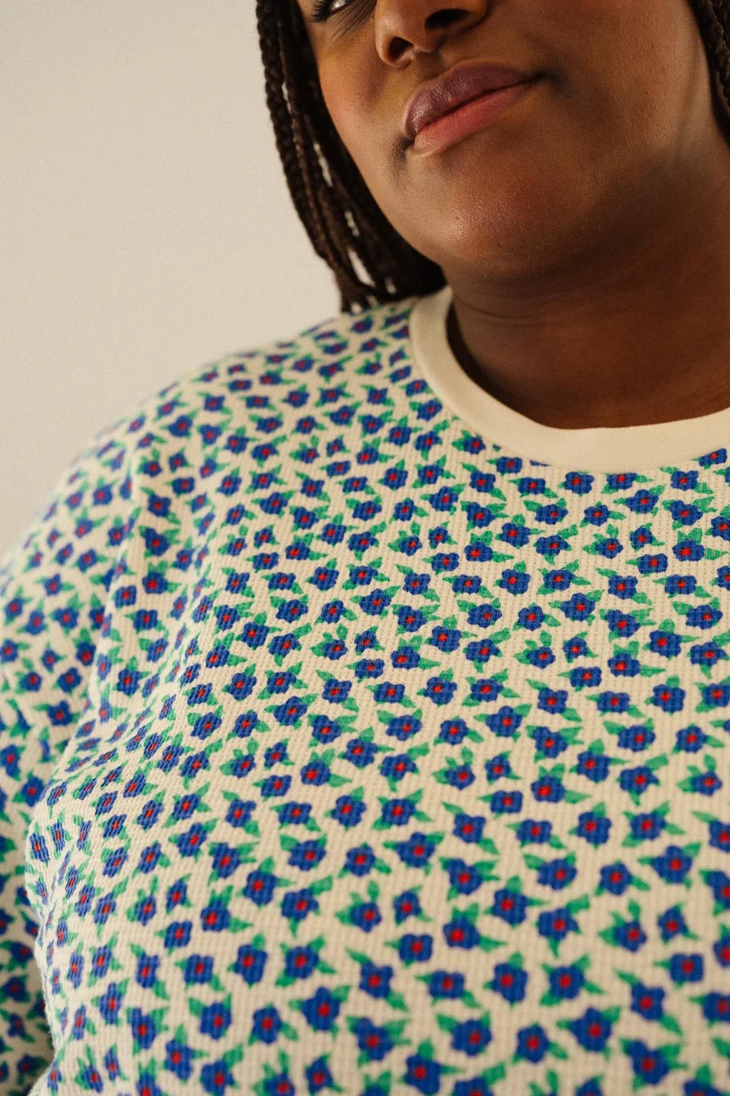 Pyjama Long Gaufré Coton BIO - Mini Fleurs Bleu