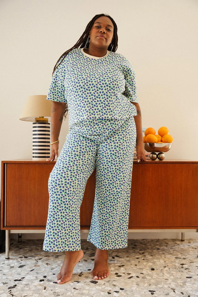 Pyjama Long Gaufré Coton BIO - Mini Fleurs Bleu