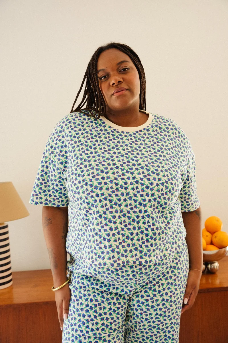 Pyjama Long Gaufré Coton BIO - Mini Fleurs Bleu