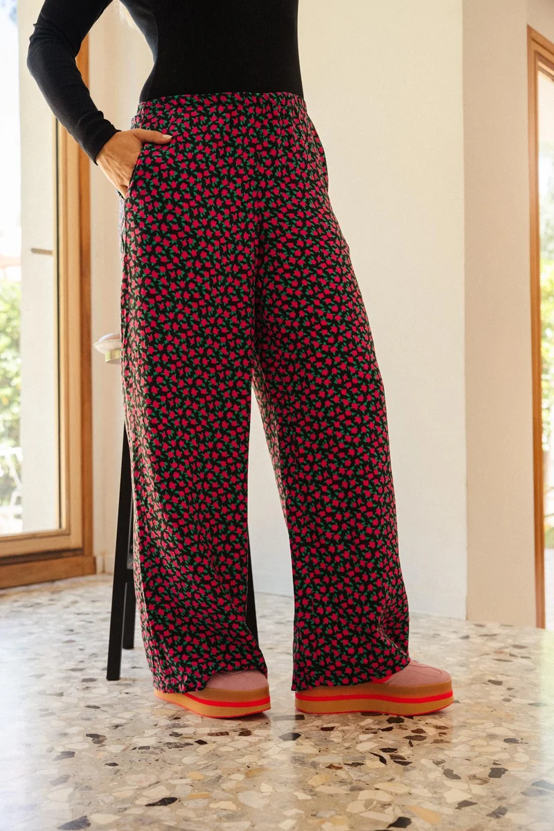 Pantalon Fluide Viscose - Mini Fleurs Fuchsia