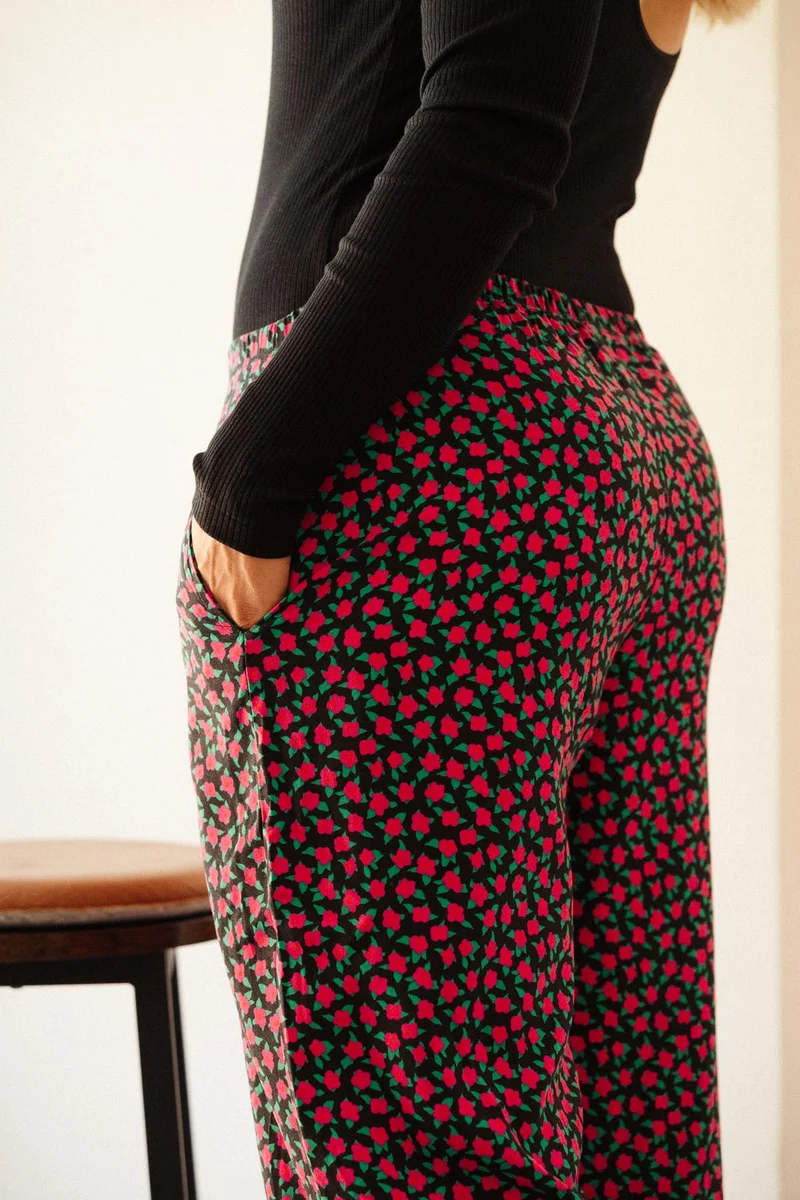 Pantalon Fluide Viscose - Mini Fleurs Fuchsia