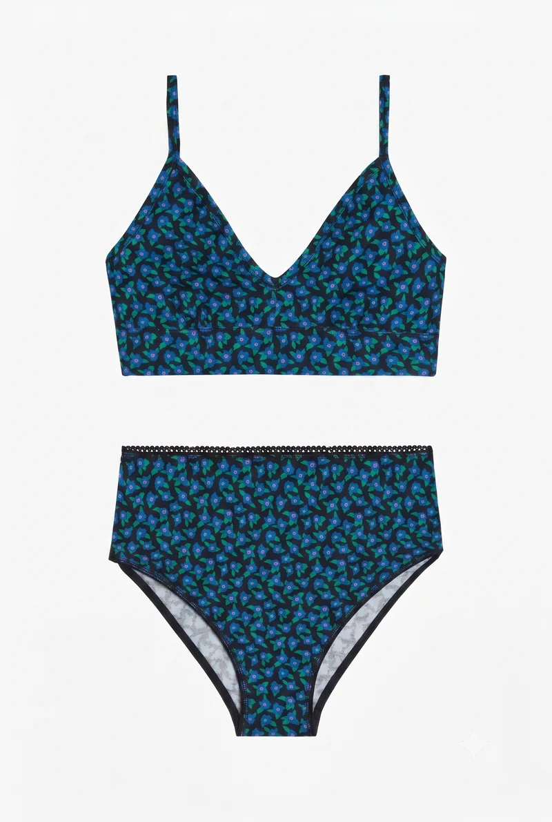 1 BRASSIÈRE + 1 CULOTTE TAILLE HAUTE - Mini Fleurs Bleu