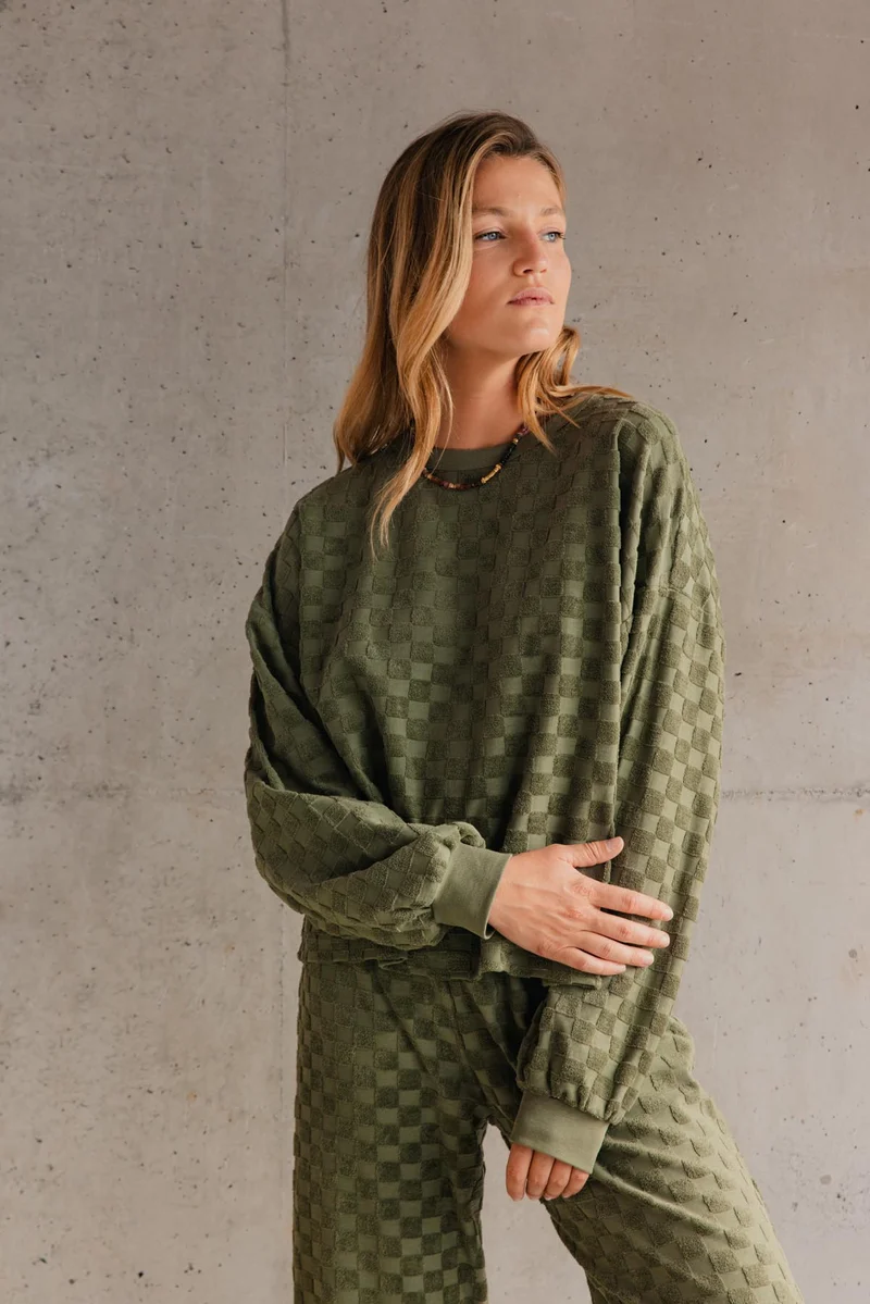 Sweat Éponge Damier 100% Coton BIO - Kaki