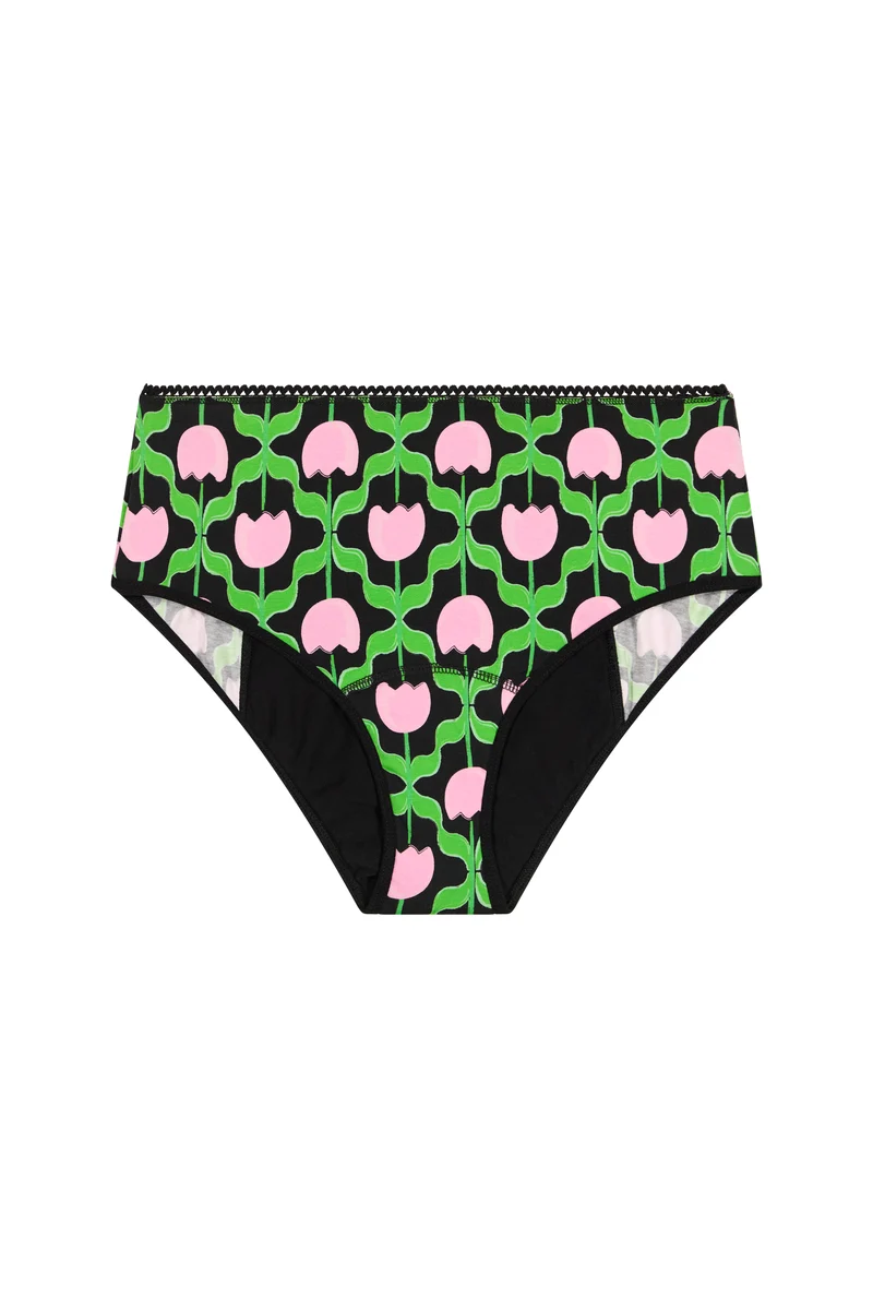 Culotte menstruelle Taille Haute GOTS - Flux nuit | Tulipes Noir