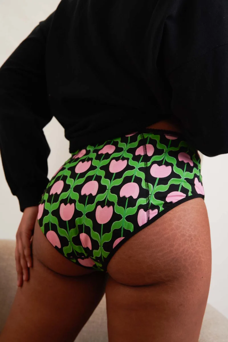 Culotte menstruelle Taille Haute GOTS - Flux nuit | Tulipes Noir