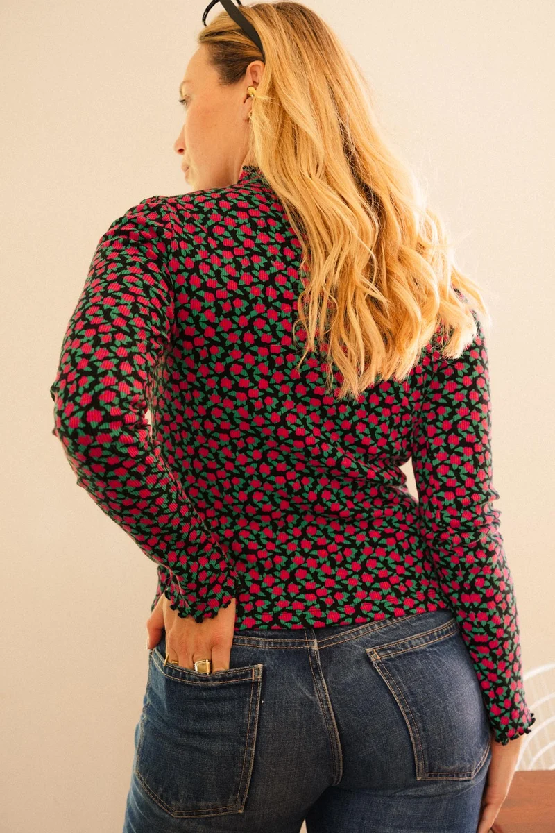 Top Finitions Roulottées Coton - Mini Fleurs Fuchsia