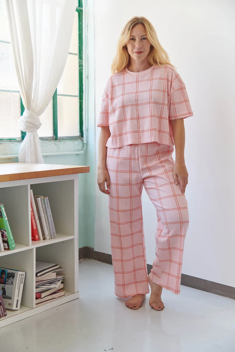 Pyjama Long Gaufré Coton BIO - Carreau Orange