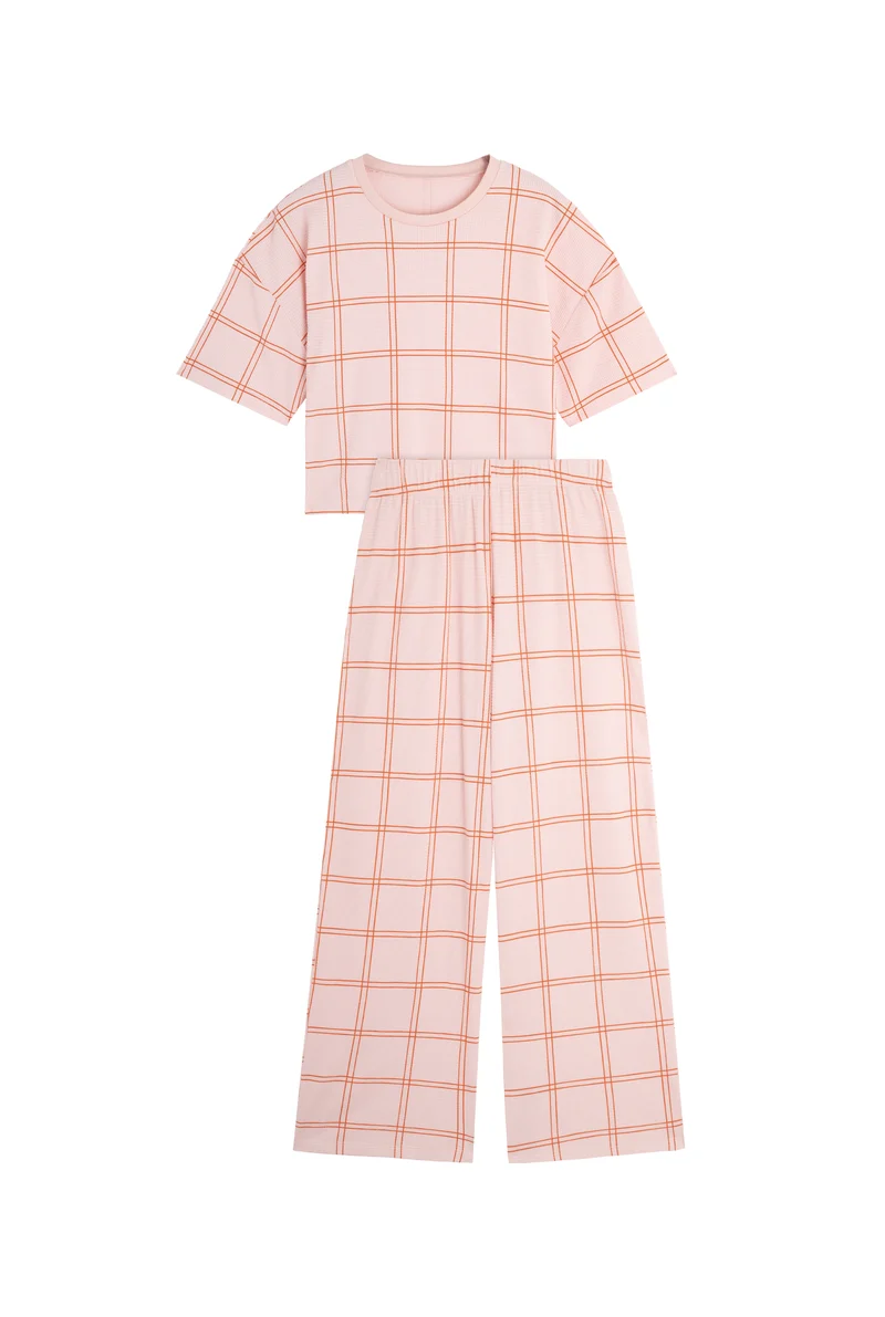 Pyjama Long Gaufré Coton BIO - Carreau Orange