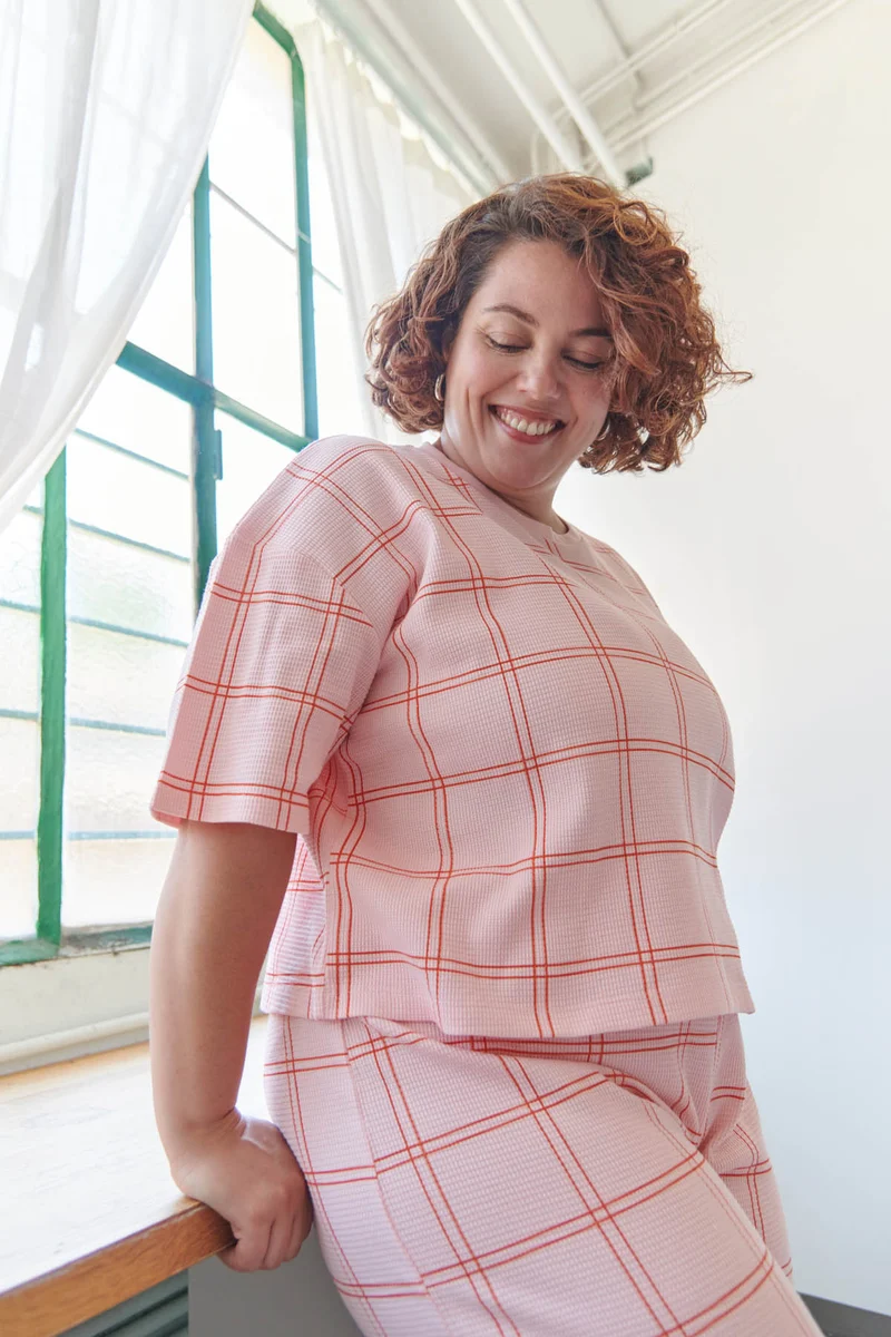Pyjama Long Gaufré Coton BIO - Carreau Orange