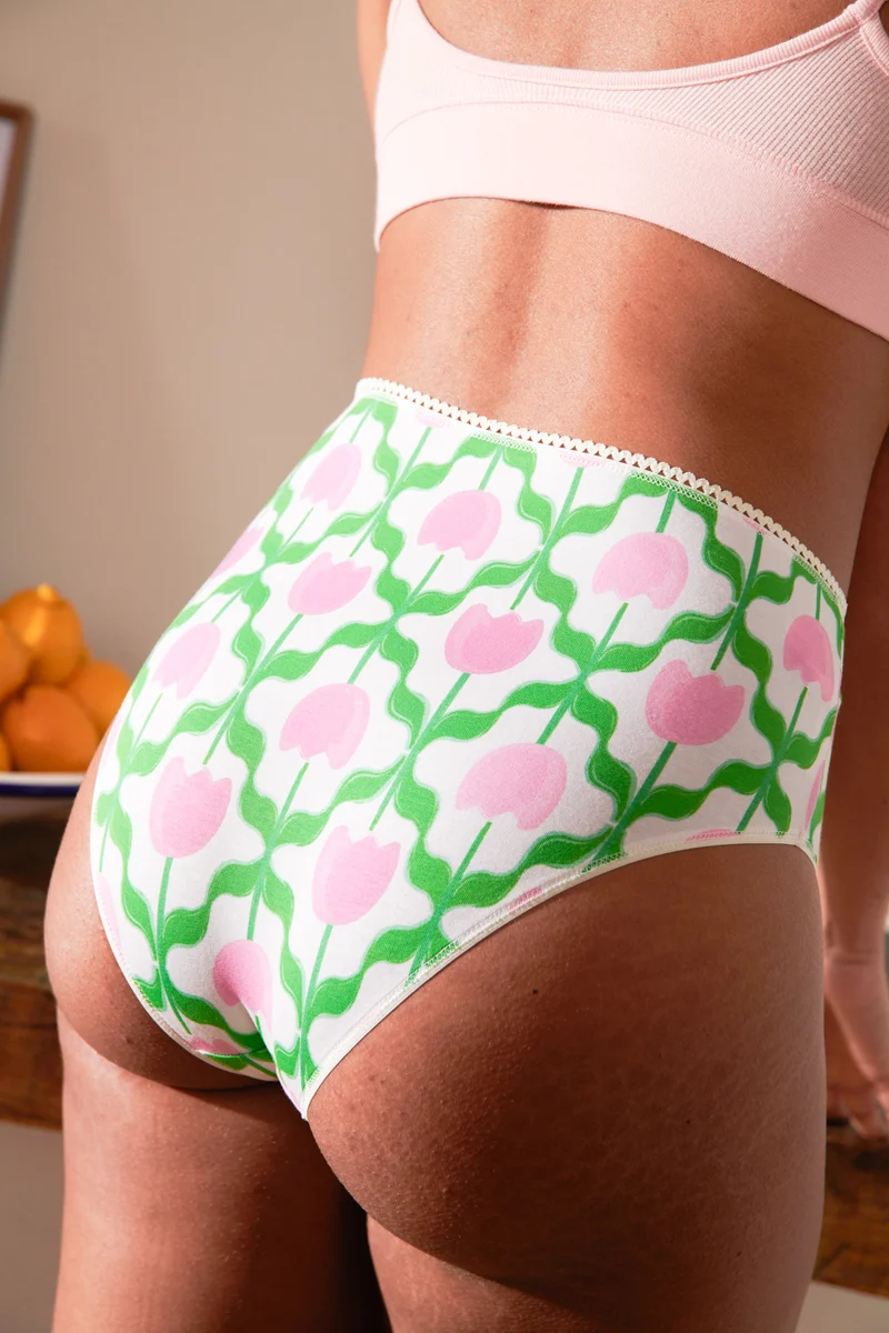Culotte Taille Haute Coton BIO - Tulipes Roses