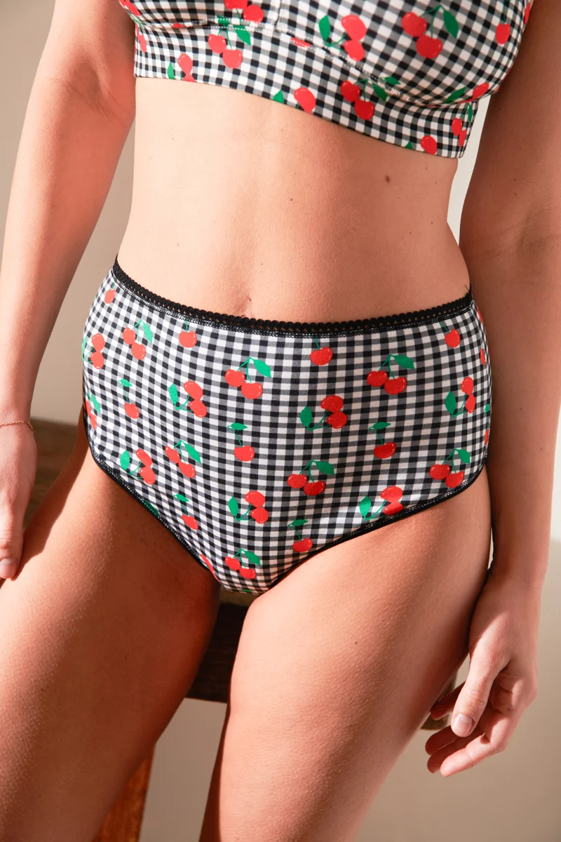 Culotte Taille Haute Coton BIO - Vichy Cerises Noir