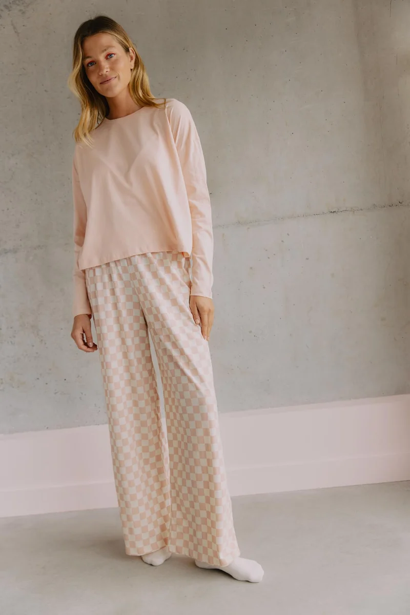 Pyjama Manches Longues Coton BIO - Damier Rose