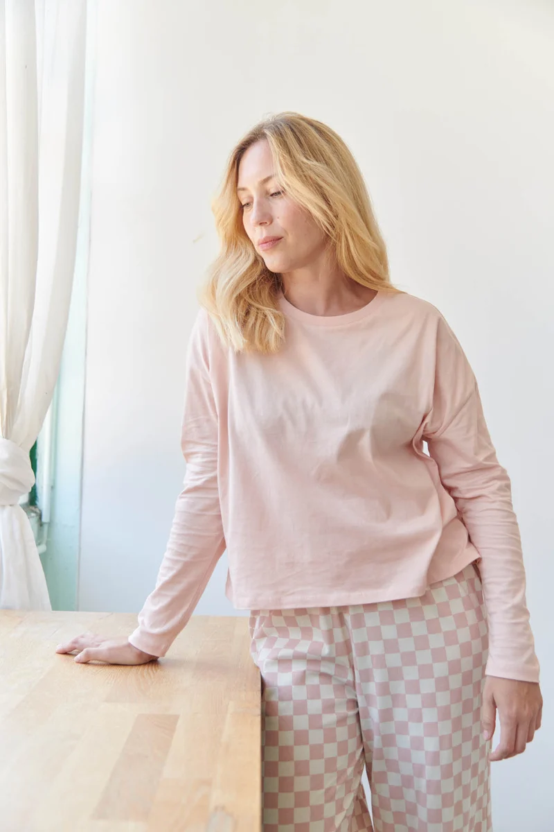 Pyjama Manches Longues Coton BIO - Damier Rose