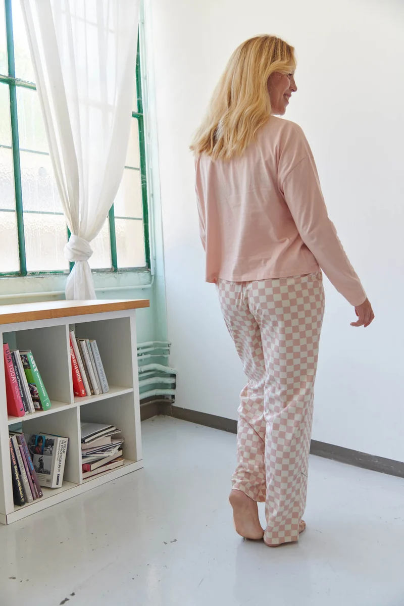 Pyjama Manches Longues Coton BIO - Damier Rose