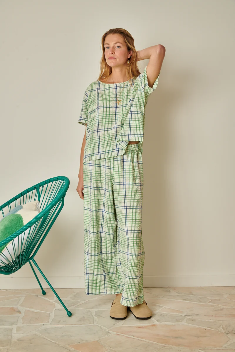 Pantalon Texturé Géométrique - Vert et Bleu