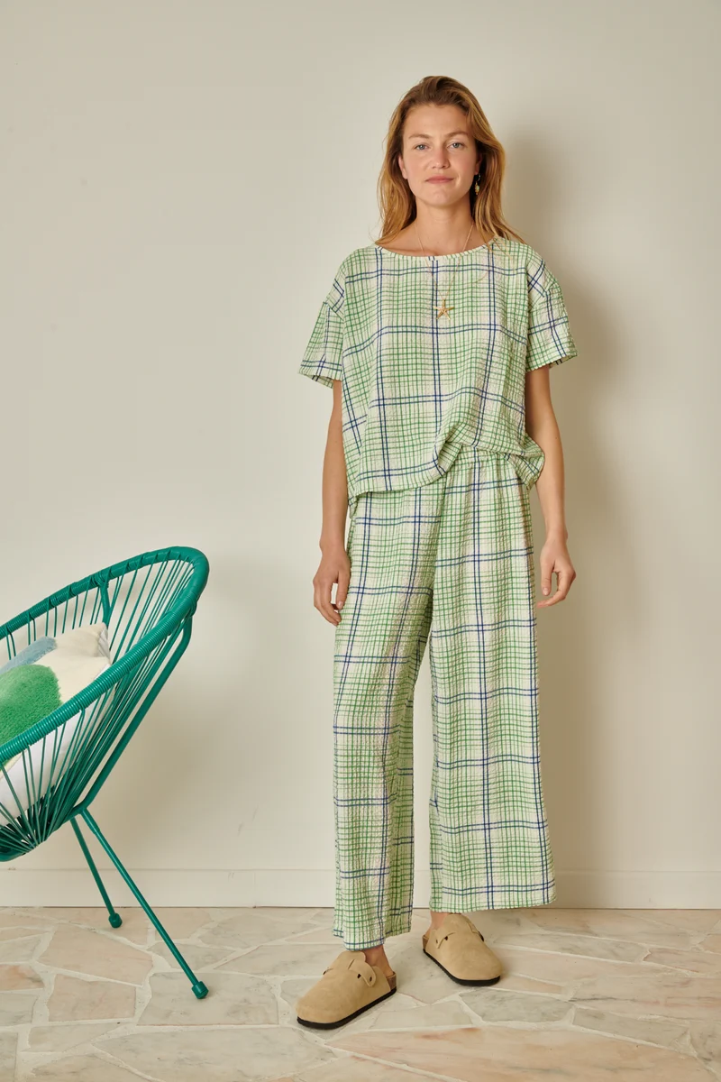 Pantalon Texturé Géométrique - Vert et Bleu