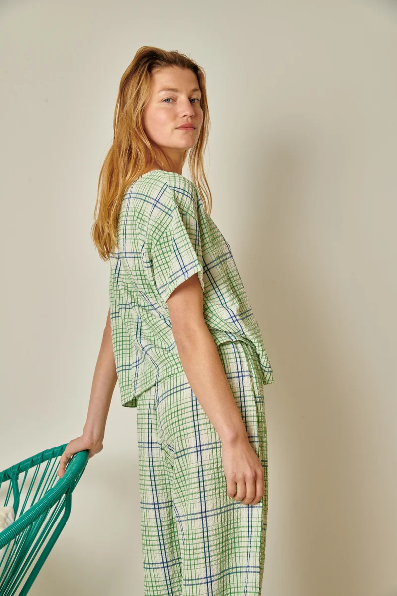 Pantalon Texturé Géométrique - Vert et Bleu