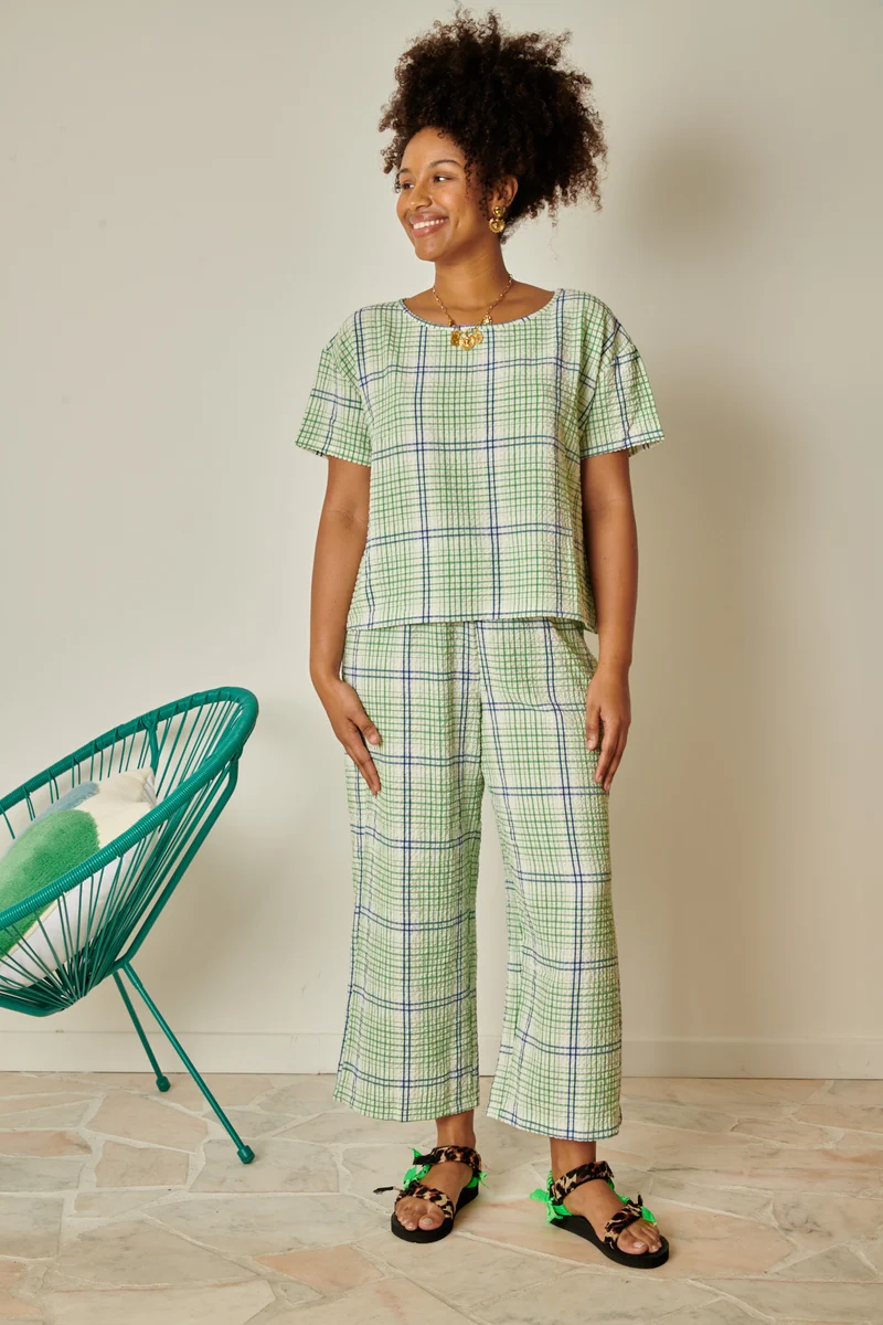 Pantalon Texturé Géométrique - Vert et Bleu