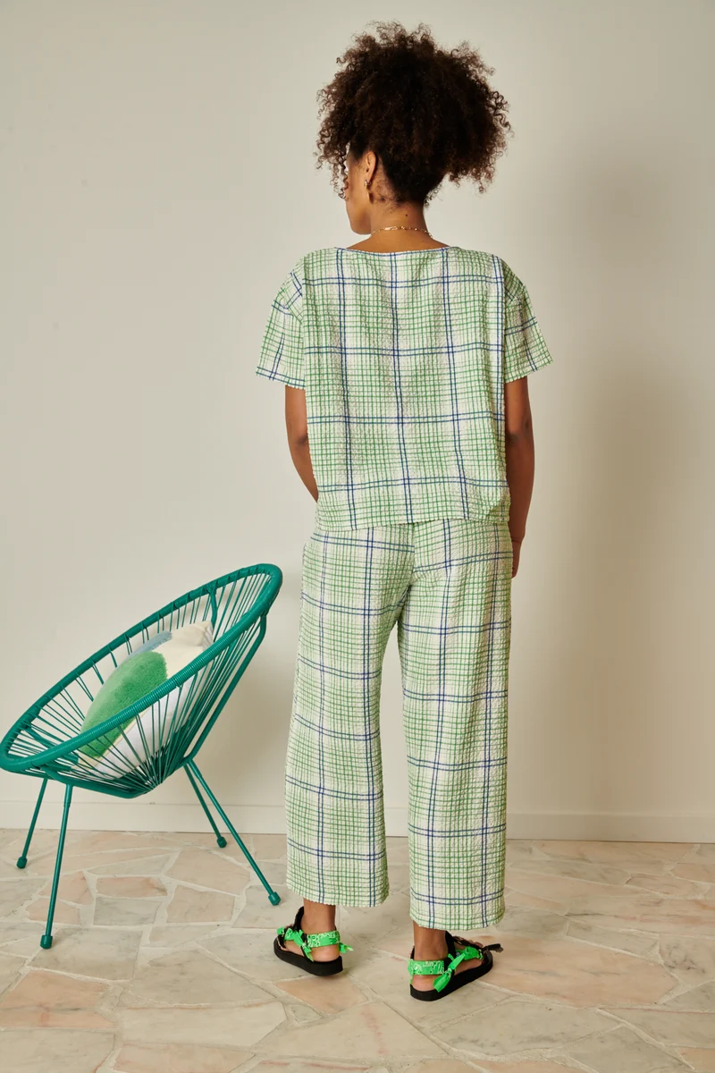 Pantalon Texturé Géométrique - Vert et Bleu