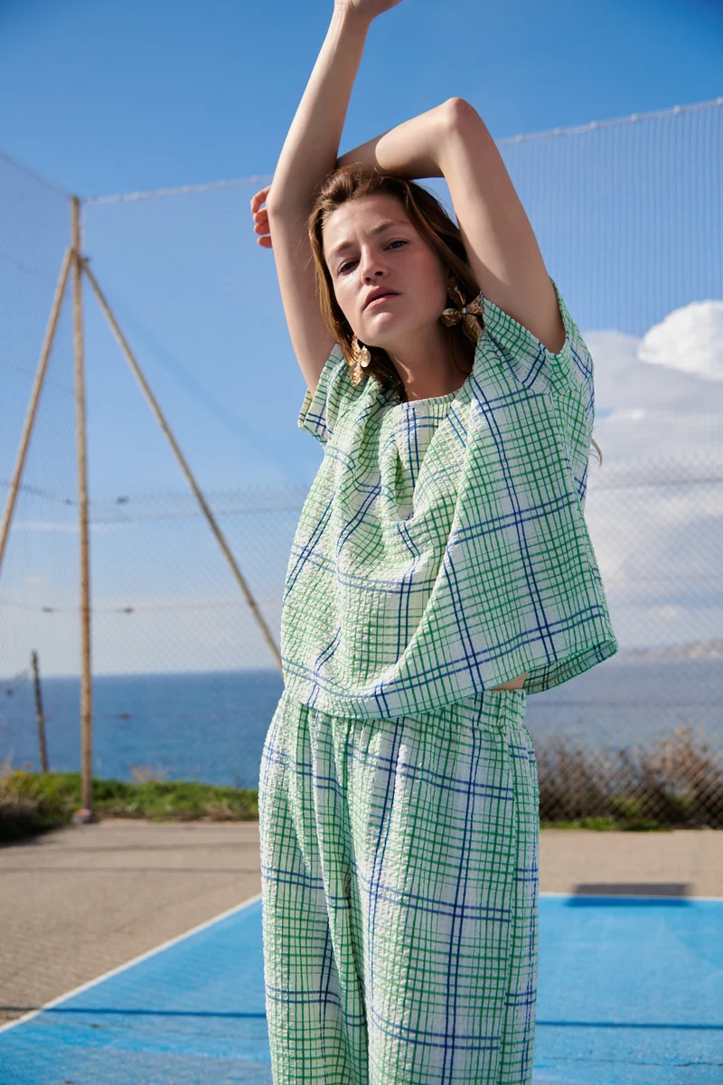 Pantalon Texturé Géométrique - Vert et Bleu