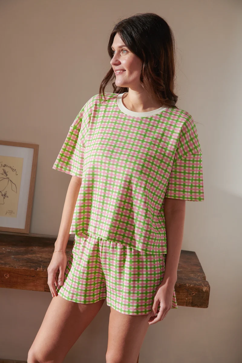 Pyjama Gaufré Coton BIO - Vichy Vert et Rose
