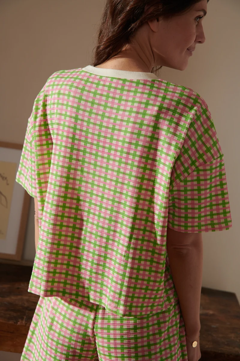 Pyjama Gaufré Coton BIO - Vichy Vert et Rose