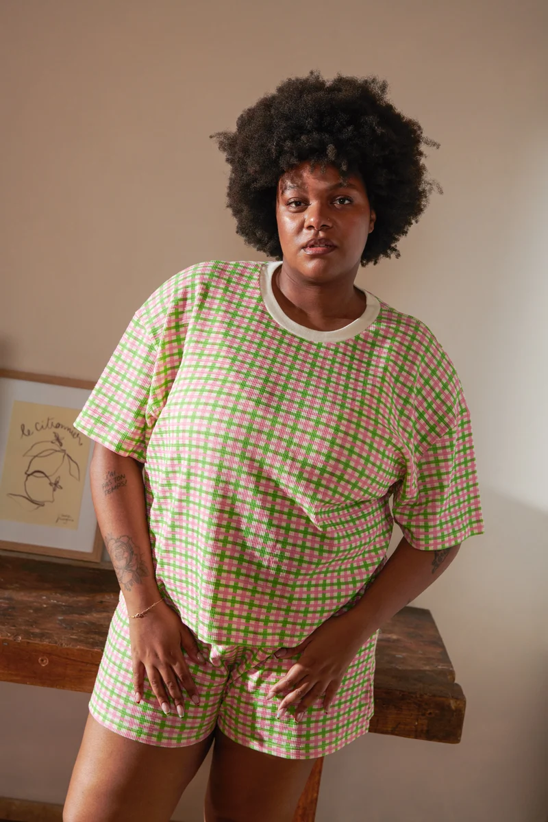 Pyjama Gaufré Coton BIO - Vichy Vert et Rose