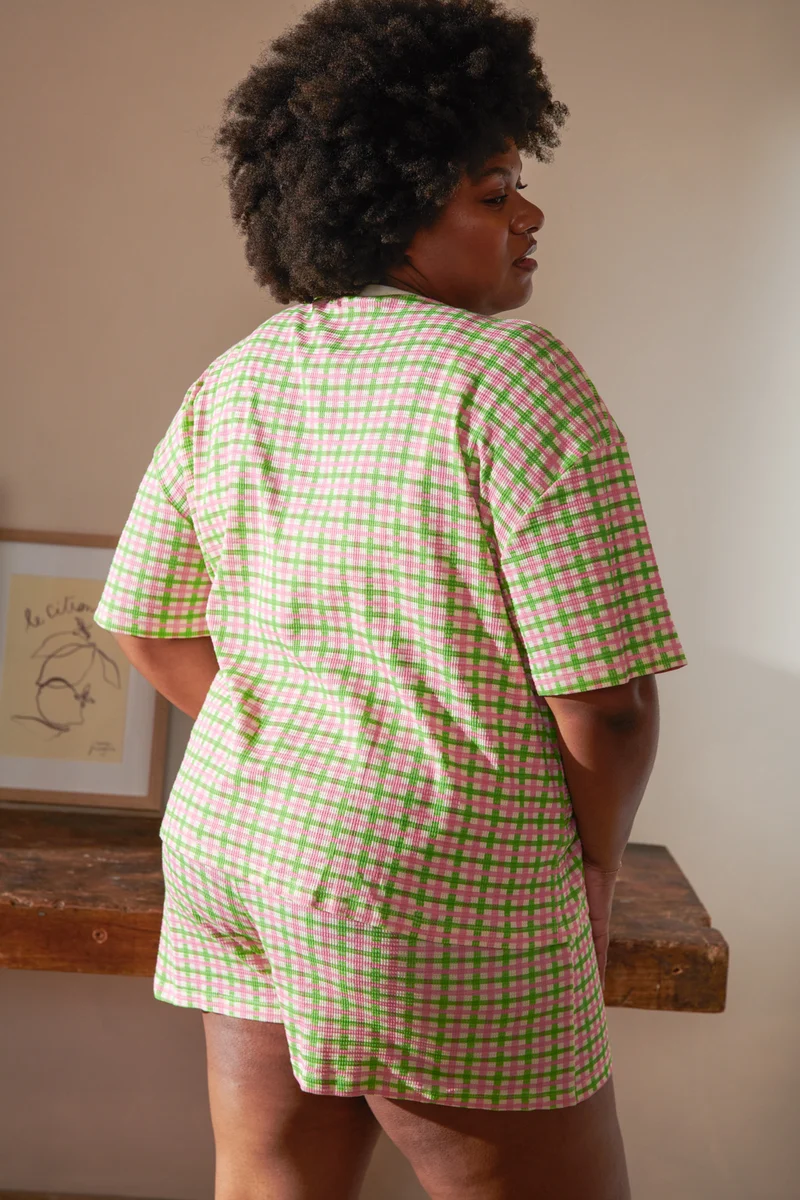 Pyjama Gaufré Coton BIO - Vichy Vert et Rose