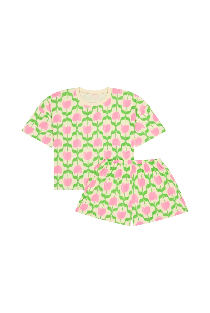 Pyjama Gaufré Coton BIO - Tulipes Roses