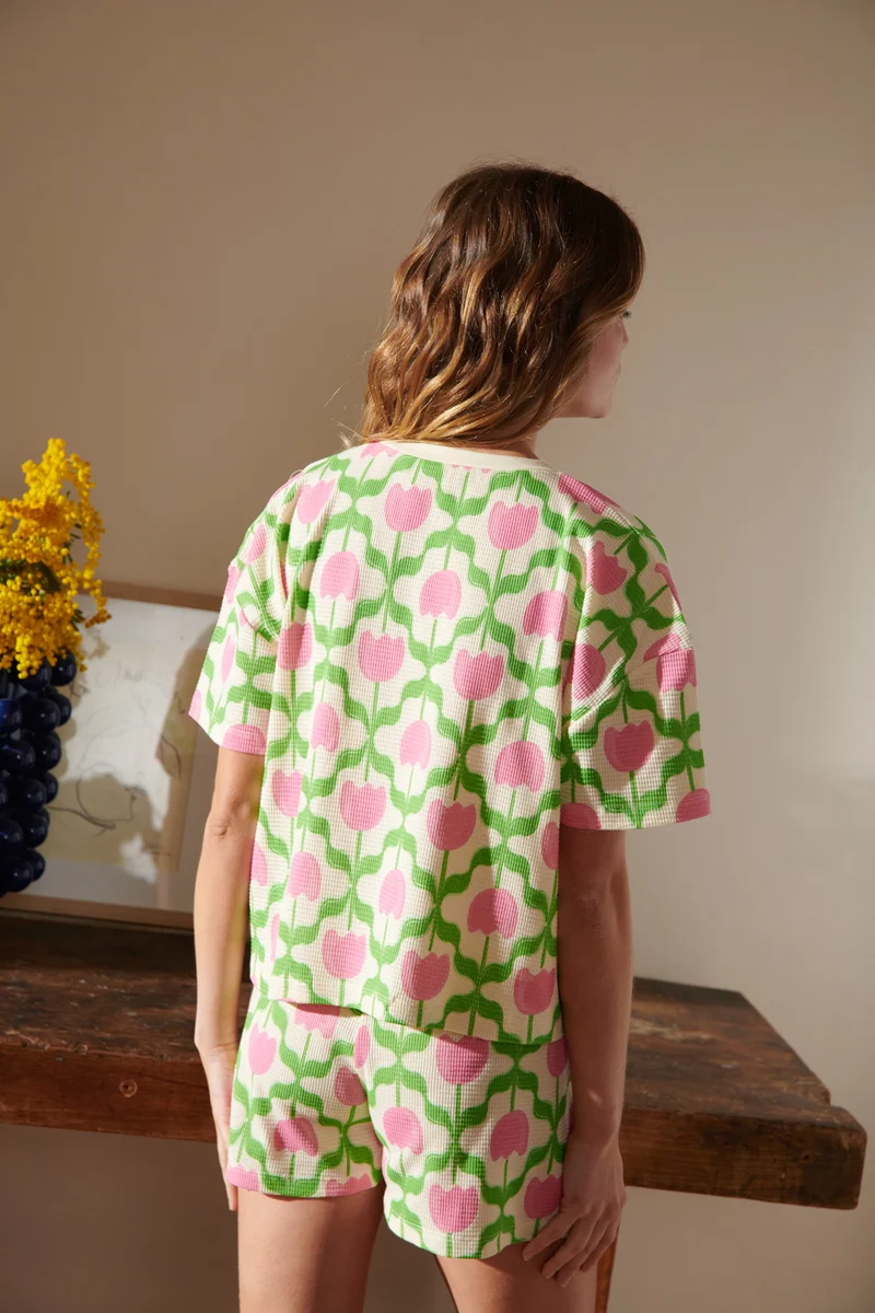 Pyjama Gaufré Coton BIO - Tulipes Roses