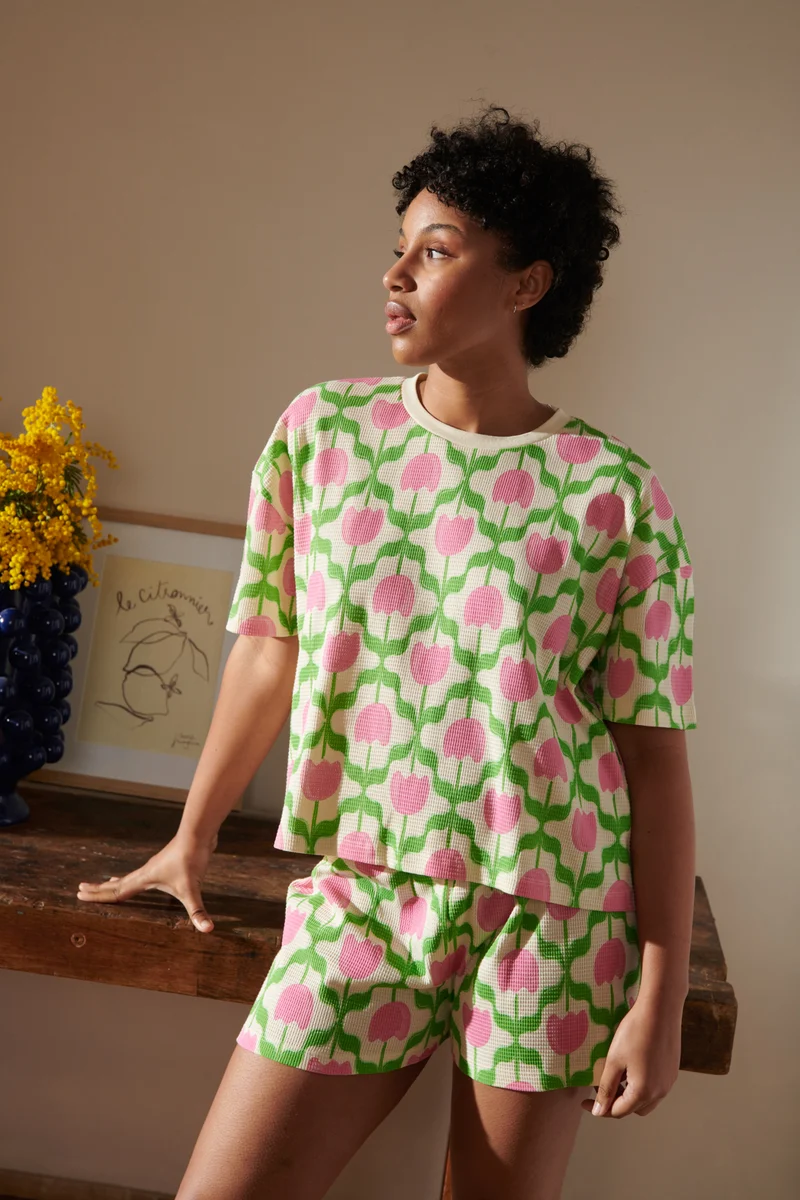 Pyjama Gaufré Coton BIO - Tulipes Roses