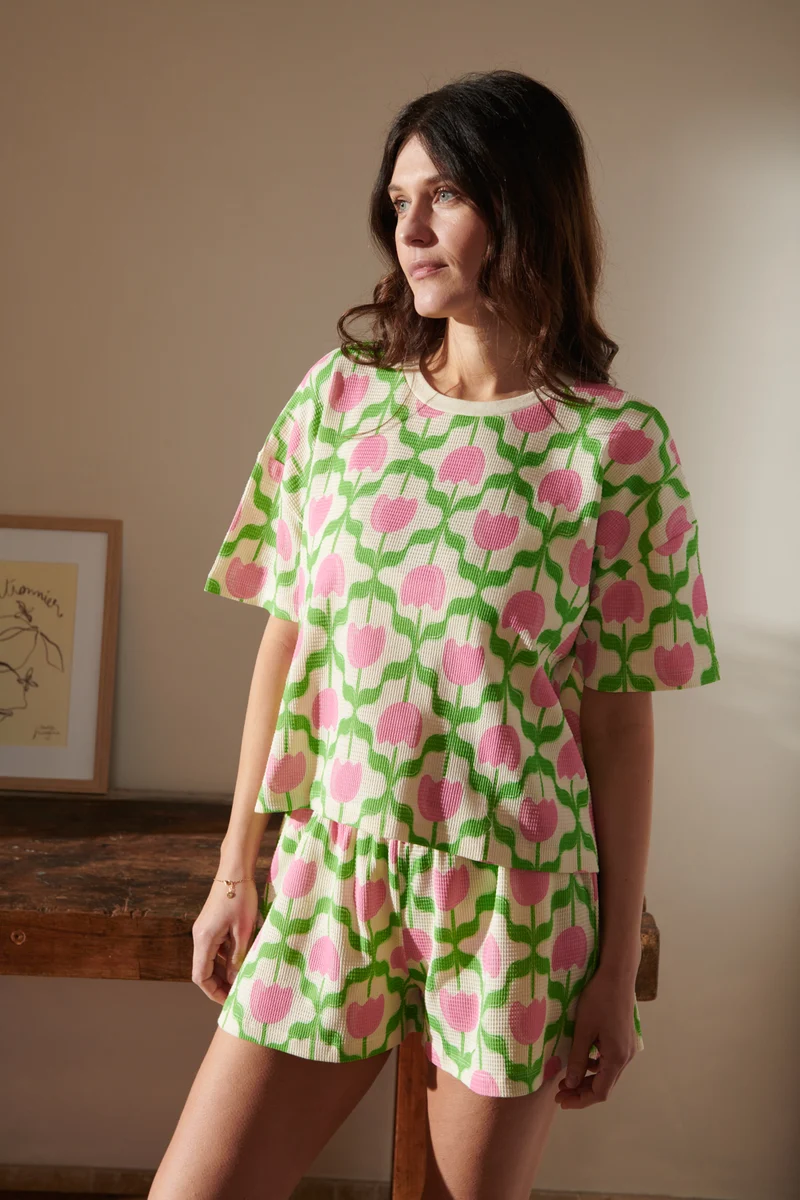 Pyjama Gaufré Coton BIO - Tulipes Roses
