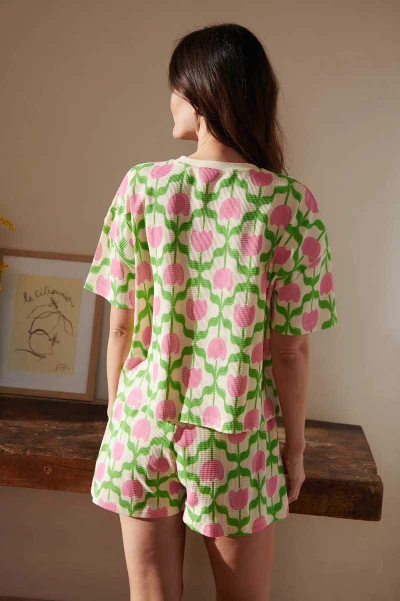 Pyjama Gaufré Coton BIO - Tulipes Roses