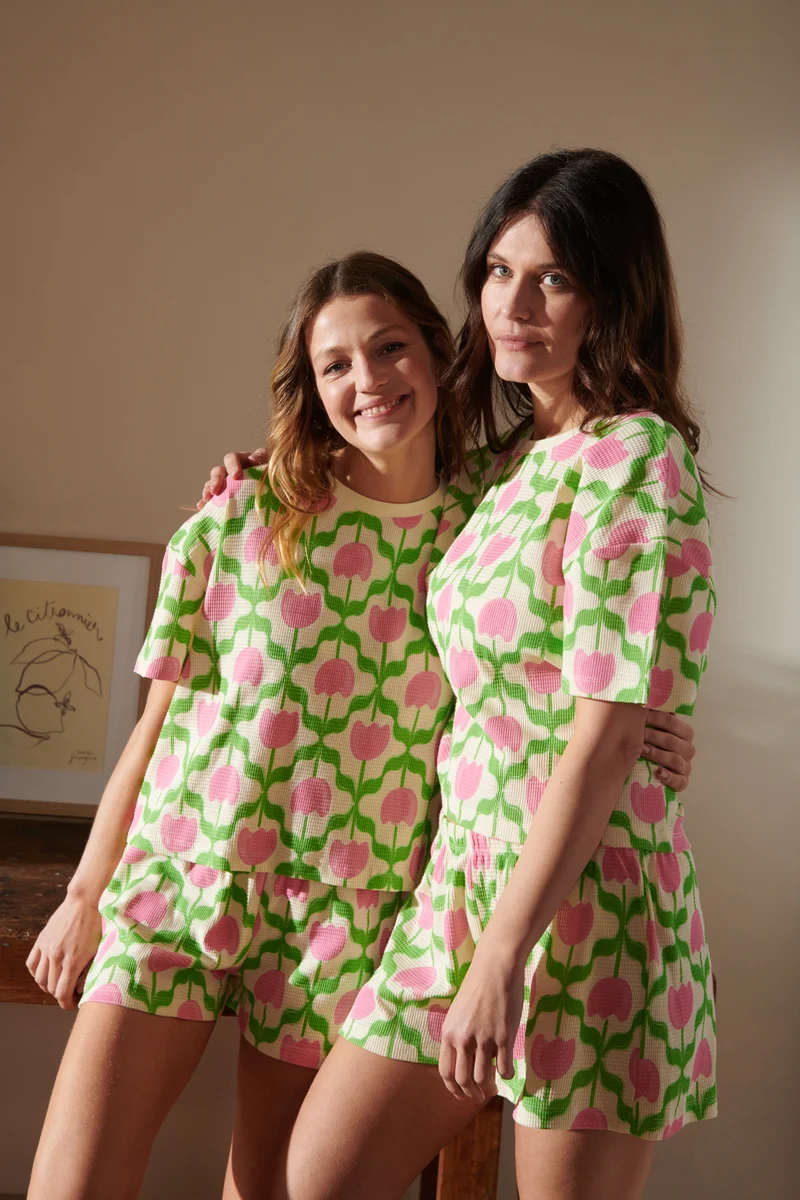 Pyjama Gaufré Coton BIO - Tulipes Roses