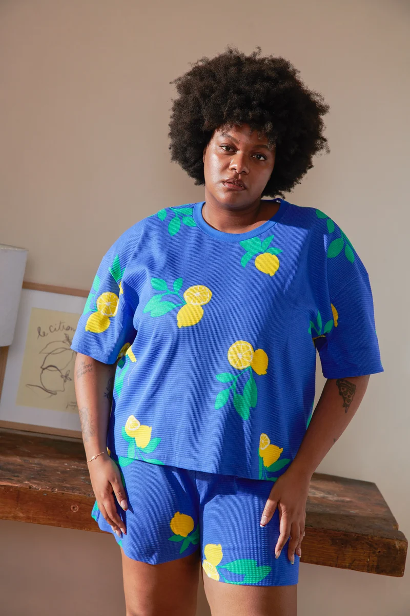 Pyjama Gaufré Coton BIO - Citrons Bleu Roi