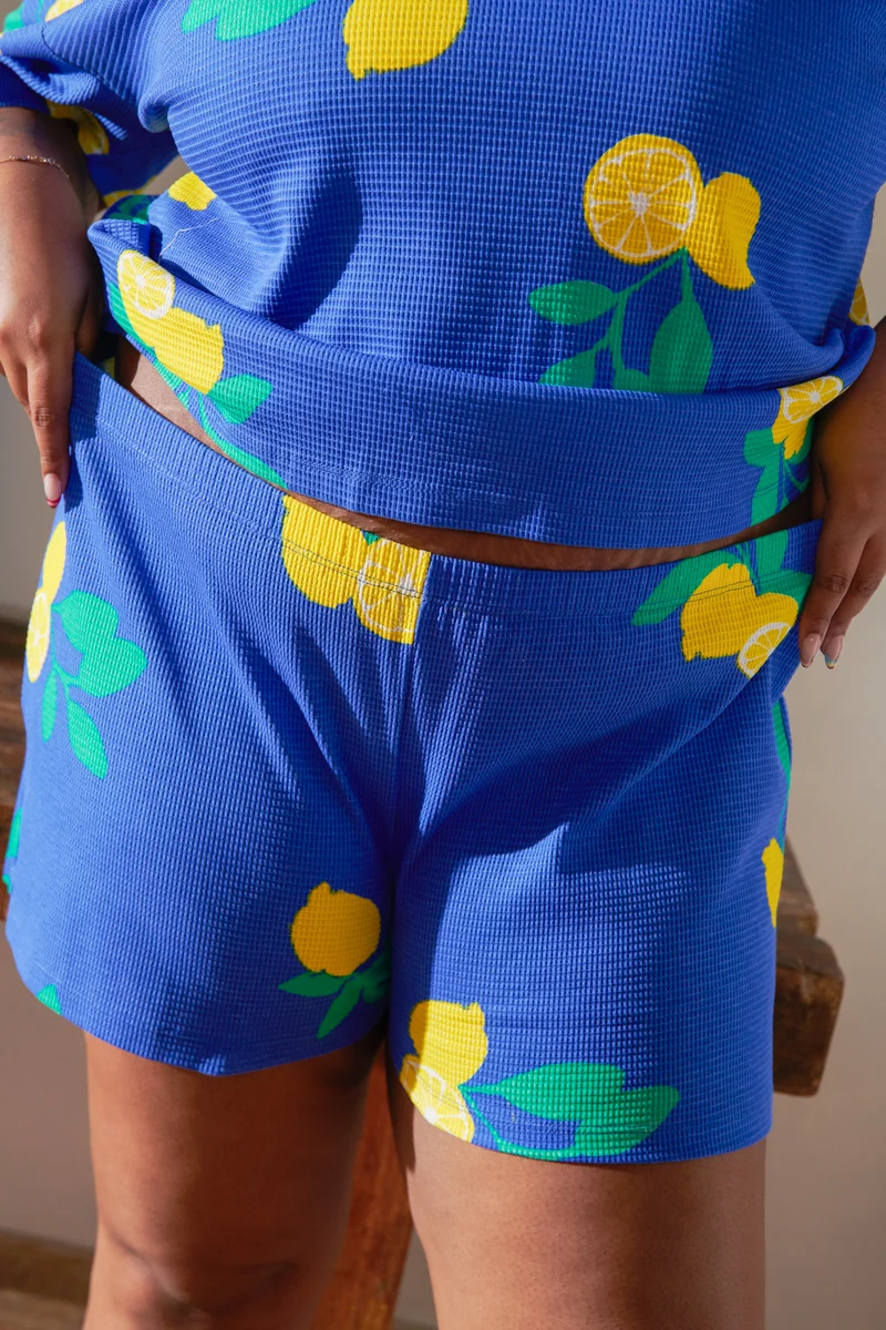 Pyjama Gaufré Coton BIO - Citrons Bleu Roi