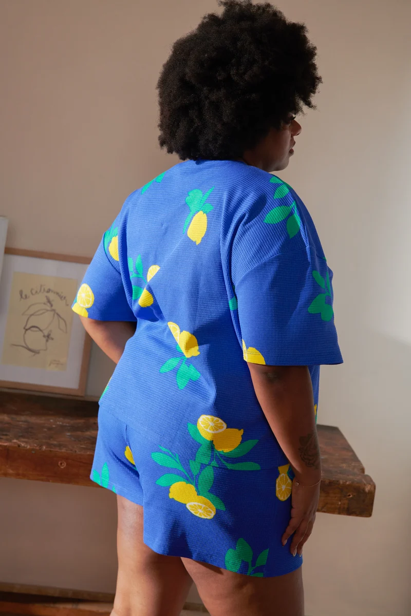 Pyjama Gaufré Coton BIO - Citrons Bleu Roi