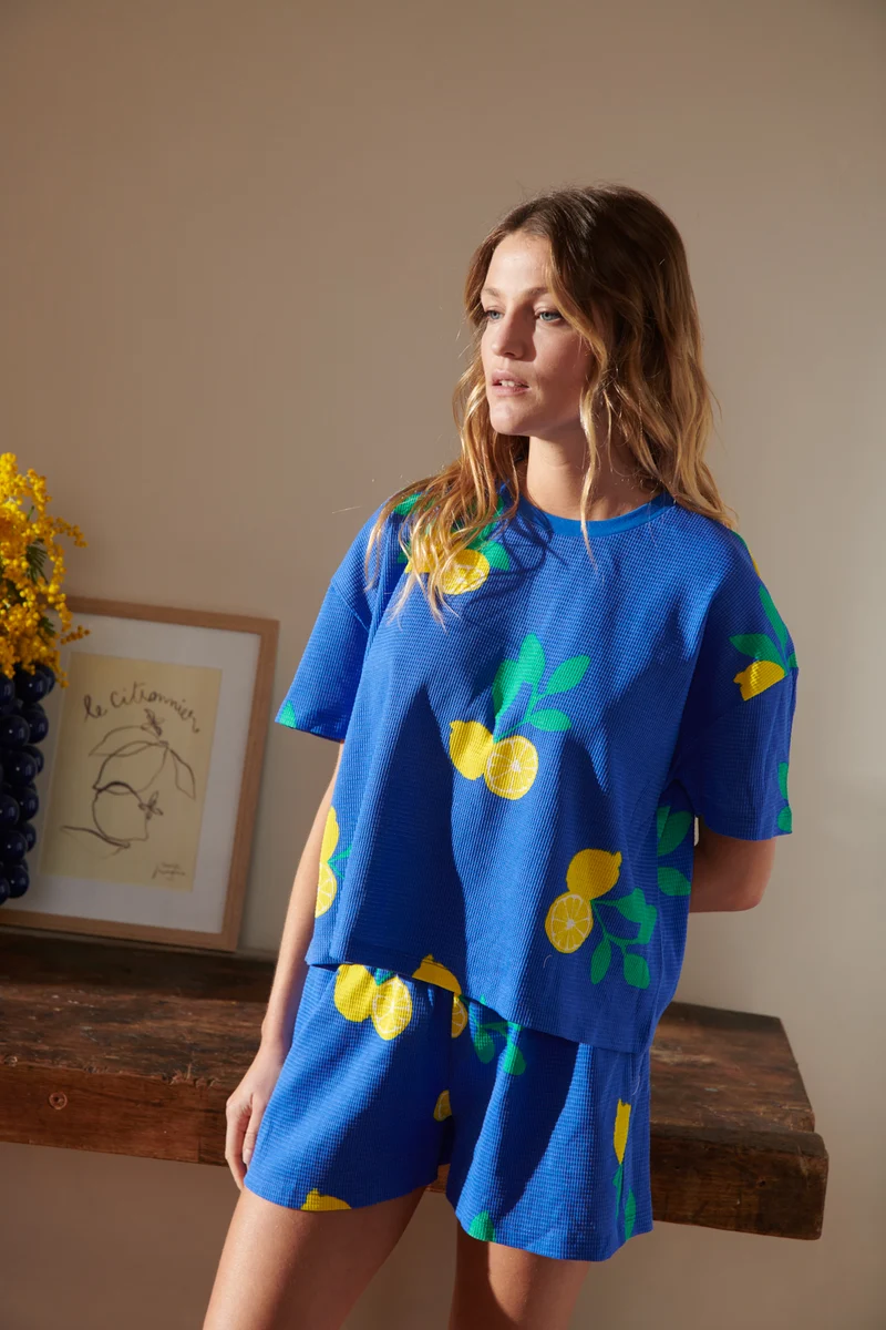 Pyjama Gaufré Coton BIO - Citrons Bleu Roi
