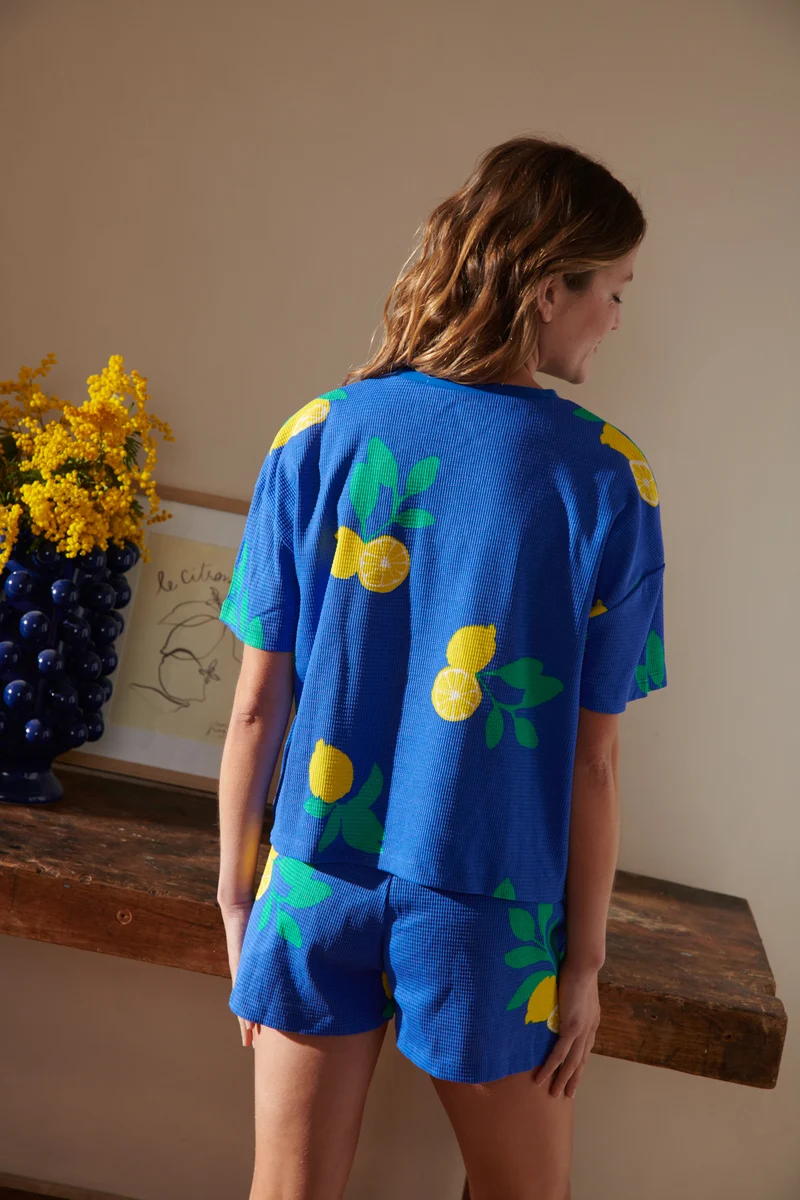 Pyjama Gaufré Coton BIO - Citrons Bleu Roi