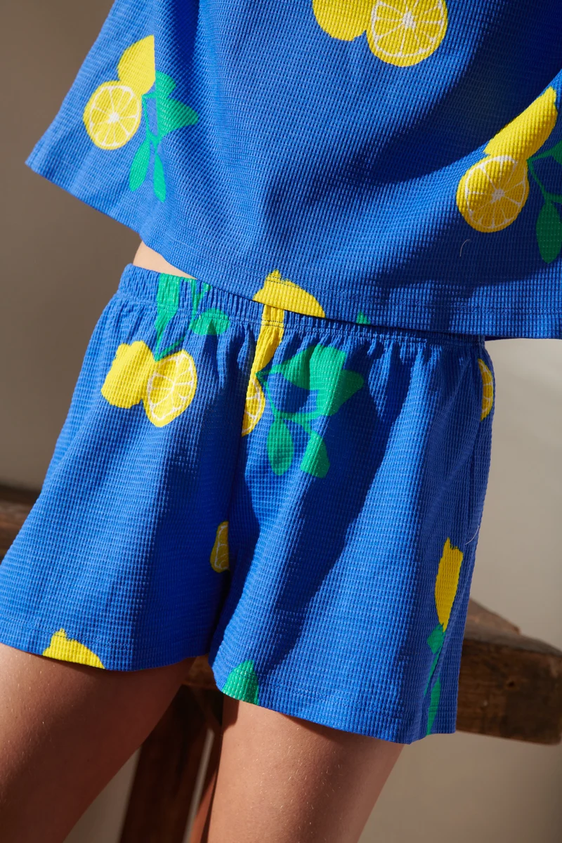 Pyjama Gaufré Coton BIO - Citrons Bleu Roi