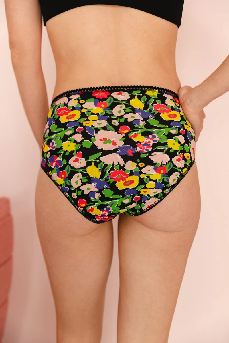 Culotte Taille Haute Coton BIO - Fleurs Noires