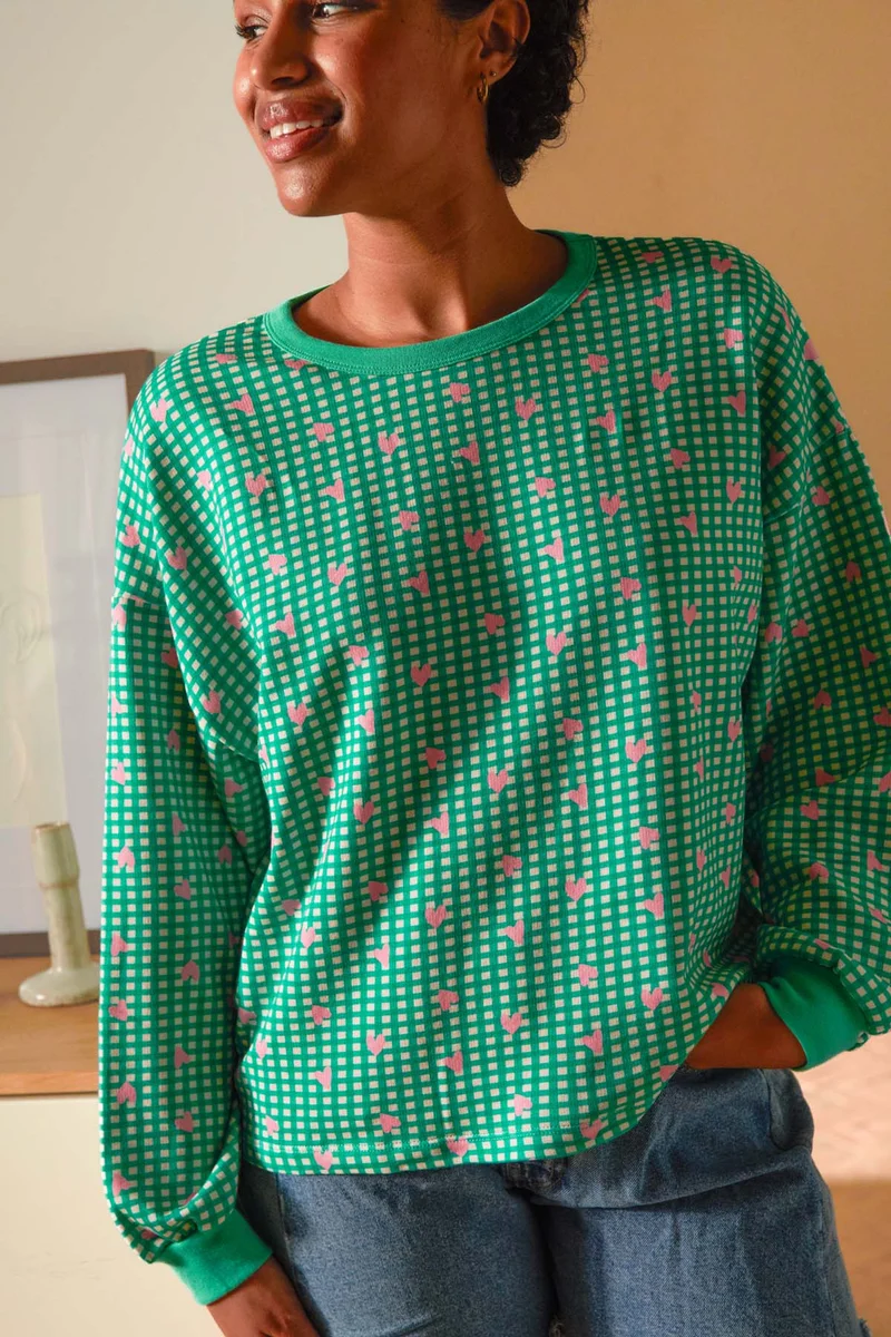 Sweat 100% Coton BIO - Vichy Coeurs Vert